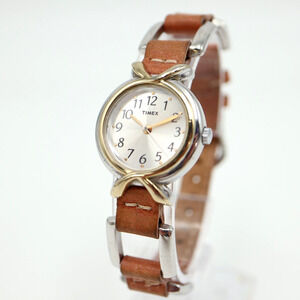 Timex Watch 25mm Silver Dial Brown Leather Link Strap with New Battery
